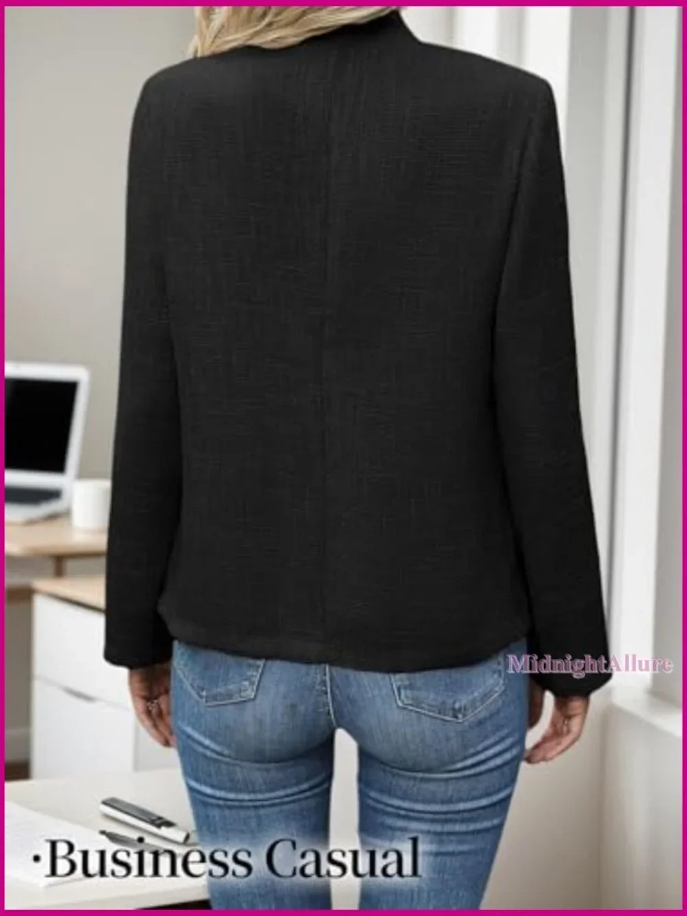 Lightweight Tweed Blazer Open Front Notch Collar Lined Business Casual Office